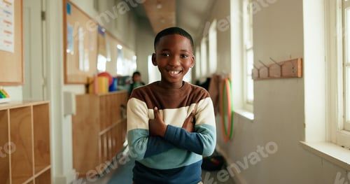 Preview: Black child, portrait or smile in hallway for education, learning opportunity or back to school