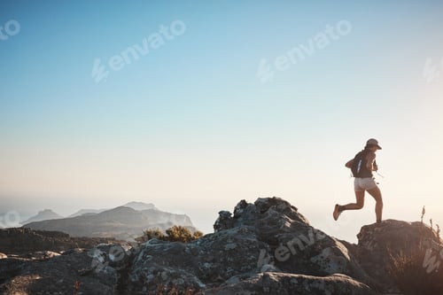 Preview: Hiking, mountain and step with woman in nature for adventure, blue sky space and travel holiday