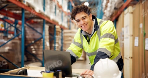 Preview: Warehouse, portrait and man on laptop for supply chain, shipping orders and online inventory