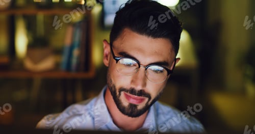 Preview: Businessman, night and reading with glasses in office for business proposal, ideas or project plan