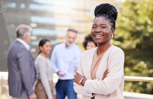 Preview: Business people, portrait and happy woman on balcony with arms crossed, pride and career
