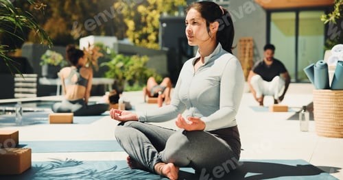 Preview: Relax, lotus pose and woman at yoga class outdoor with break, calm or peace at wellness retreat