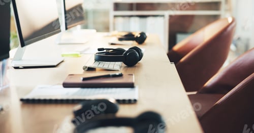 Preview: Call center, keyboard and online with headset in empty office for customer support