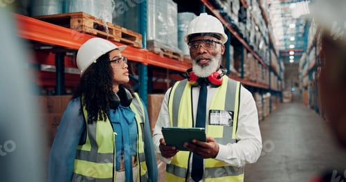 Preview: Tablet, people and logistics employees in warehouse with information for online order with shipping