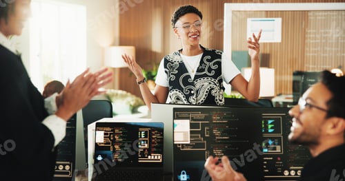 Preview: People, group and computer with celebration for coding at office with programming