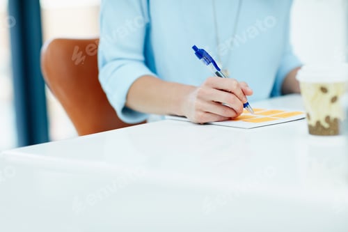 Preview: Hands, writing and sticky note with documents at office, mindmap and problem solving at design