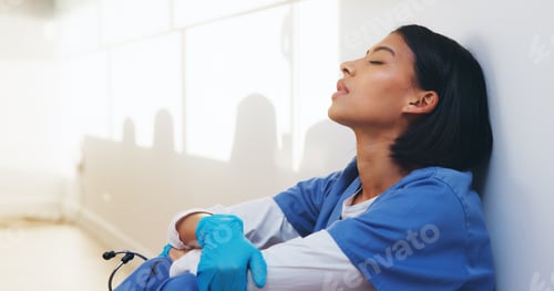 Preview: Fatigue, nurse and worry with woman in hospital for medical burnout, stress and thinking
