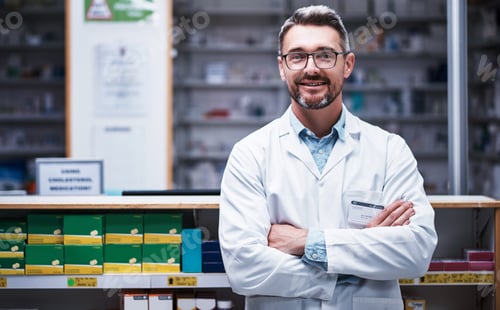 Preview: Smile, arms crossed and portrait of man in pharmacy for medicine, advice and healthcare