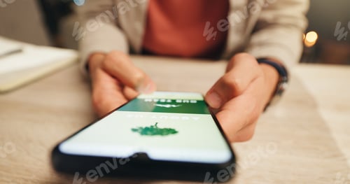 Preview: Phone screen, eco website and hands at desk, sustainability promotion or green business homepage