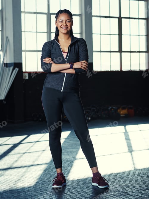 Preview: Arms crossed, fitness and portrait with woman in gym for about us, bodybuilder and personal trainer