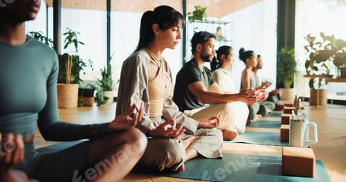 Preview: Fitness, yoga and people in lotus pose in studio for relax, peace and calm on wellness retreat