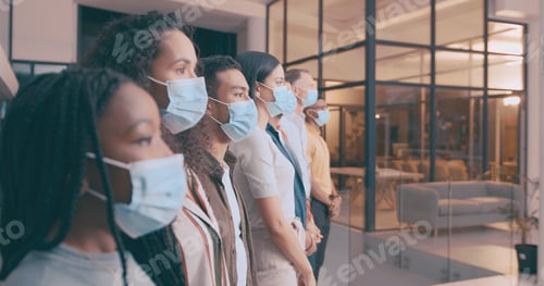 Preview: Group, people and waiting room with face mask in office for social distance, compliance and safety