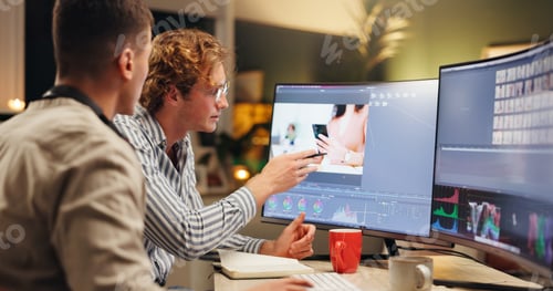Preview: Men, designers or night with computer for digital marketing, color correction or editing in office