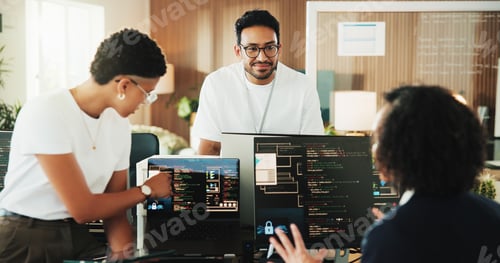 Preview: People, group and computer with discussion for coding at office with programming
