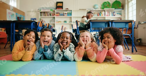 Preview: Portrait, group and children in classroom, happy and bonding in elementary, growth and development