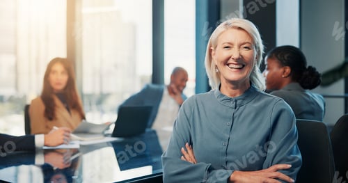 Preview: Portrait, meeting and business woman with arms folded for career experience, investment and laugh