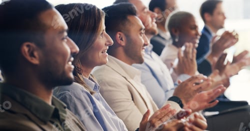 Preview: Conference, audience and business people with applause for success, goal or target at workshop