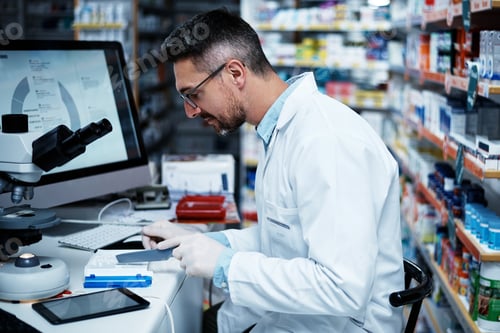 Preview: Counting, pharmacy and pills with man in store for drug development, healthcare dosage and research