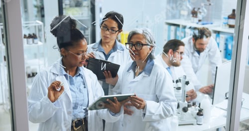 Preview: Tablet, formula and writing with people in lab for chemical structure, medical drug trail