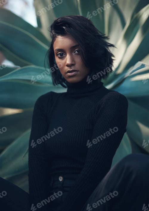 Preview: Woman, portrait or fashion with hairstyle in nature for clothing or outfit style at outdoor garden