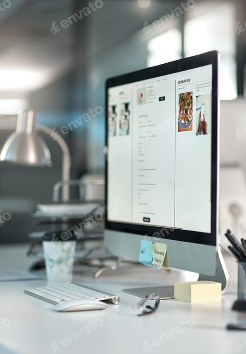 Preview: Empty, screen and computer on desk in office for event planning, catering menu and project