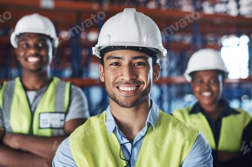 Preview: Logistics, portrait and man with group in factory, supply chain or confident for stock distribution