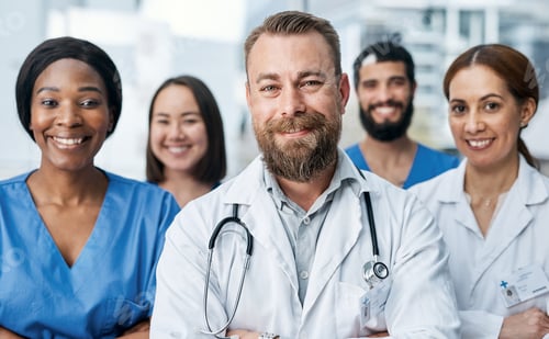 Preview: Medical, happy or team in hospital with portrait, job or about us in wellness profession