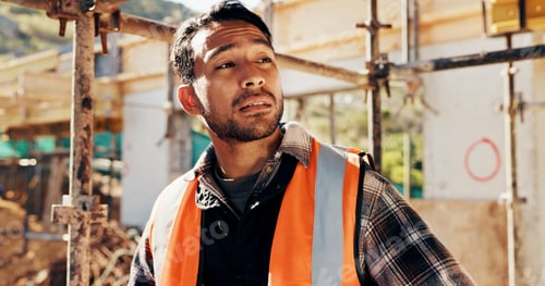 Preview: Construction site, thinking and man with inspection, insight and contractor for quality control