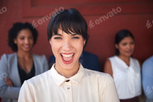 Preview: Excited, team or woman with portrait, experience or career pride as publication manager