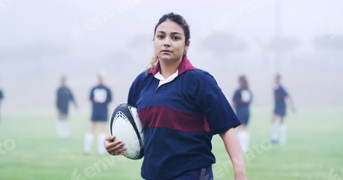 Preview: Rugby, serious and portrait of woman on field for training, game challenge and sports tournament