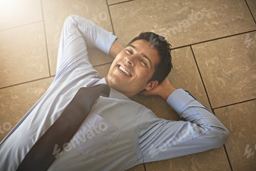 Preview: Business man, relax and rest on floor for productivity, break or finish job with top view