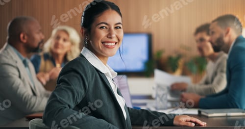 Preview: Happy, business and woman in meeting with portrait, career pride and about us for accounting