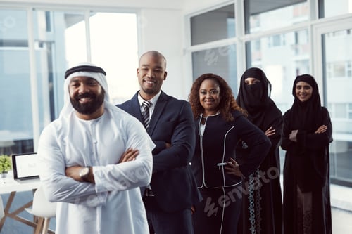 Preview: Smile, leadership and portrait of business people in office for team building, mission and about us