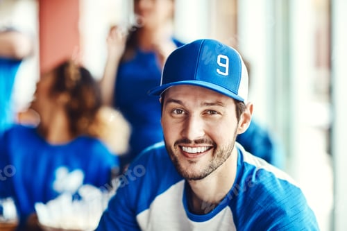 Preview: Cap, portrait and support with man in sports bar for entertainment, game streaming or watching tv