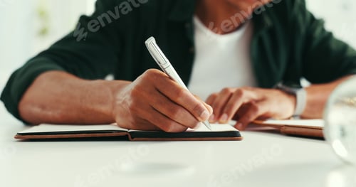 Preview: Hands, writing or man in workplace, notebook and story planning for article, agenda or schedule