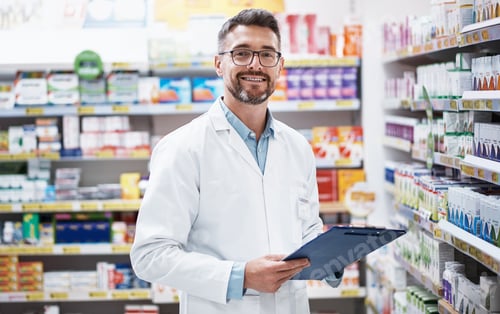 Preview: Pharmacist portrait, man and clipboard at shelf for inventory control, stock check or integrity