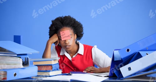 Preview: Overworked, files and black woman with sticky note in office, burnout and tired for mental