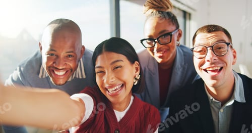 Preview: Portrait, business people or team with selfie in office, social media post