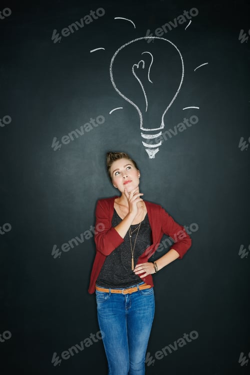 Preview: Lightbulb, thinking and woman with chalkboard, ideas and planning on dark studio background