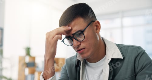 Preview: Tired, businessman and headache with stress in office for overworked pressure, mistake or strain