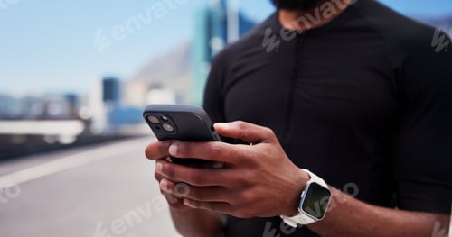 Preview: Hands, runner and phone for fitness in city, contact and smart watch with texting