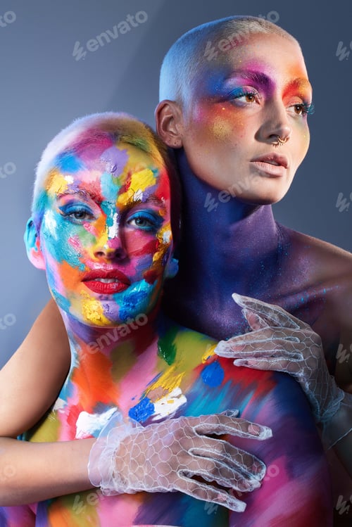 Preview: Creative, people and face paint as makeup in studio for beauty, art deco or aesthetic makeover
