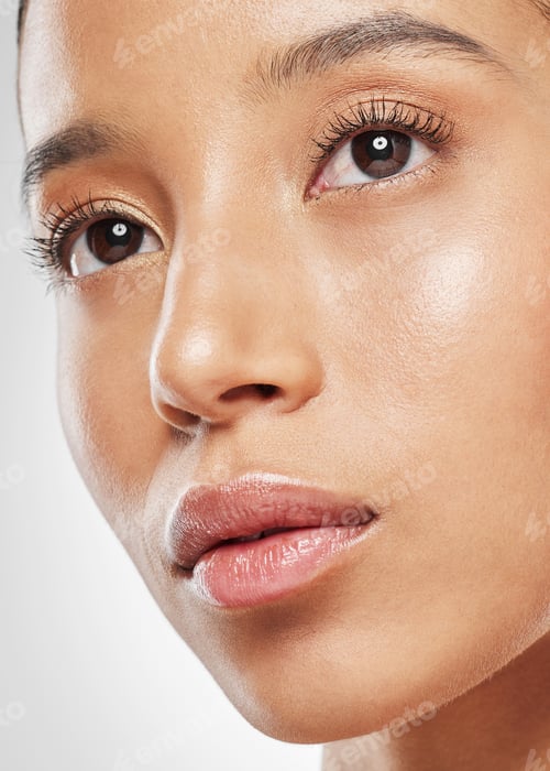 Preview: Skincare, glow or woman in studio with shine, beauty idea or think of facial care on white