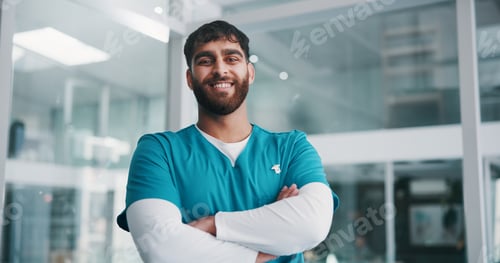 Preview: Arms crossed, nurse and portrait of man in hospital for healthcare consultant, smile and confidence