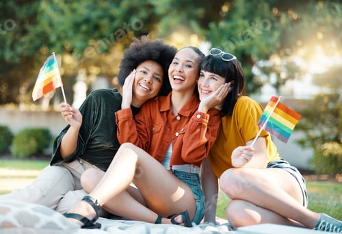 Preview: Friends, pride flag and women in park with hug for bonding, community or group for human rights