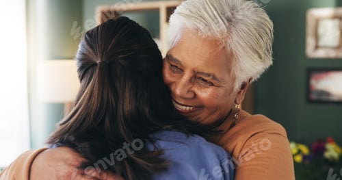 Preview: Healthcare, hug and smile of old woman with nurse in retirement home for assisted living