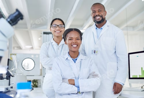 Preview: Science, portrait or team in laboratory with smile, about us or experiment in vaccine development