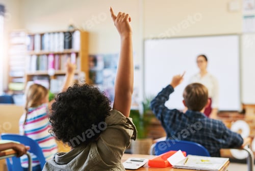 Preview: Question, school and children in classroom with hands up for lesson, learning and knowledge