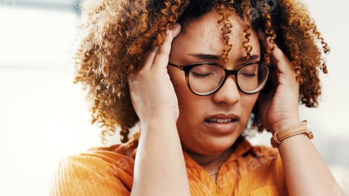 Preview: Stress, tired and headache with woman in home for frustrated, exhausted and migraine crisis