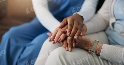 Preview: Caregiver, holding hands and people in home with comfort, understanding